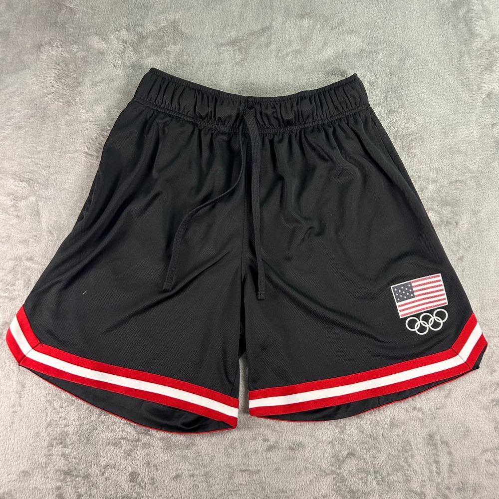 Team USA Olympics Basketball Shorts Black Mesh Red White Trim Mens Small